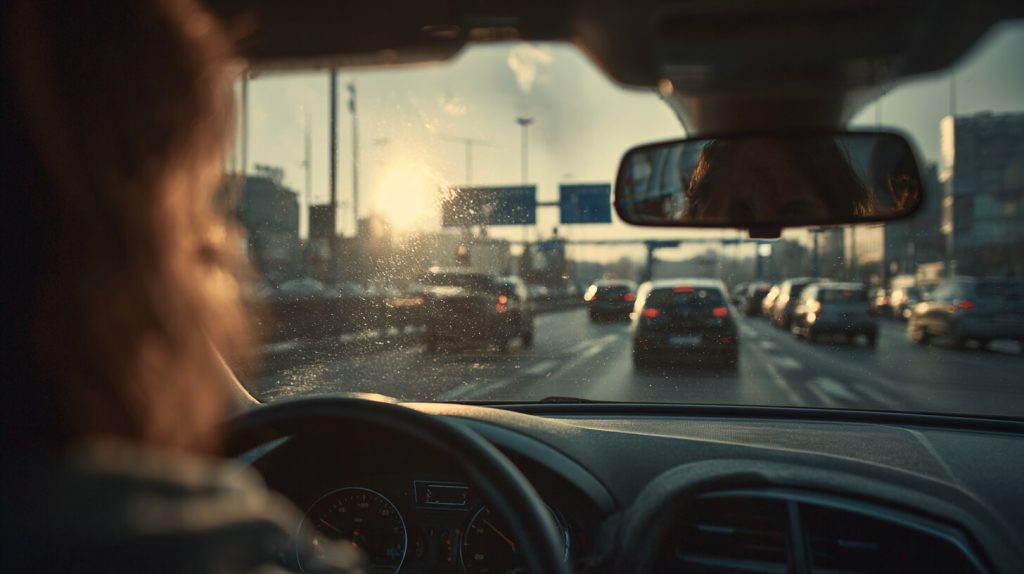 Uitzicht vanuit een auto op druk stadsverkeer met aandacht voor verkeerssituaties en overzicht.