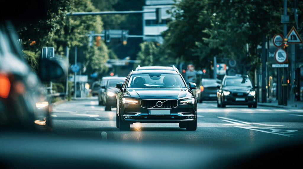 Auto rijdt tussen ander verkeer terwijl de bestuurder verschillende verkeerssituaties inschat.